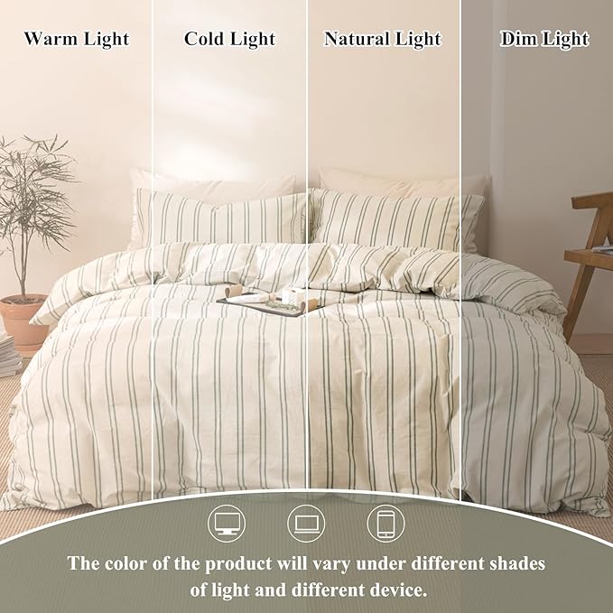 VM VOUGEMARKET Full Duvet Cover Set Beige Gray Striped Bedding Set Soft Washed Cotton 3 Pieces Dark Green Vertical Ticking Stripes Comforter Cover with Zipper Closure-80x90 Inch