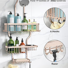 YASONIC Shower Caddy Hanging - Never Rust Shower Organizer - Aluminum over The shower head caddy with 10 Hooks for Razor/Sponge - Shower Rack with Soap Basket - Rose Gold