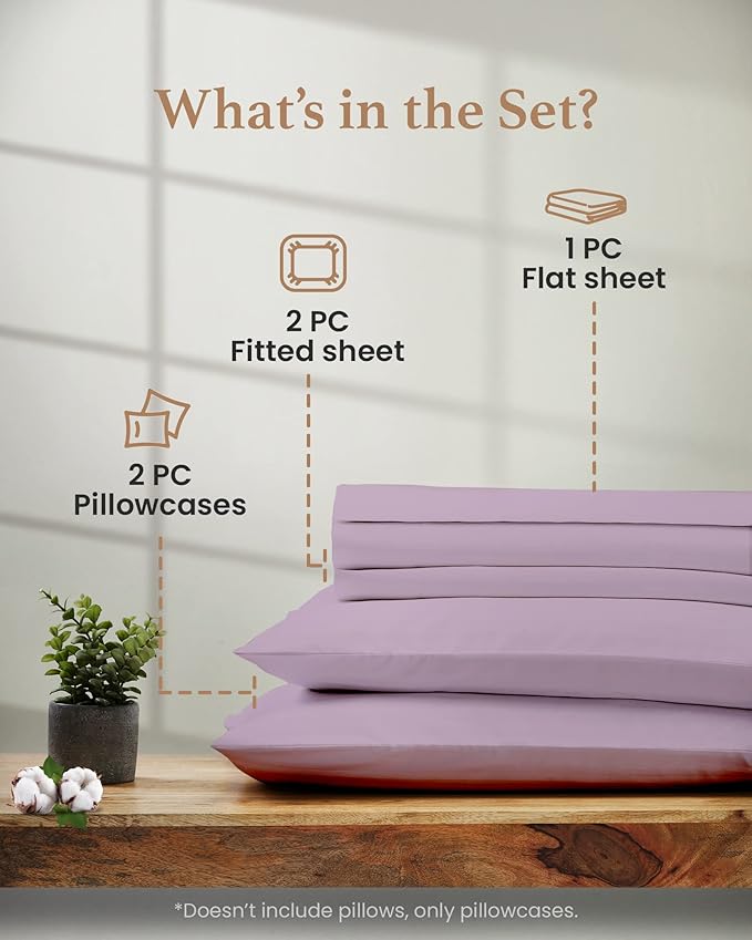 Split King Sheets Sets for Adjustable Bed Cotton, Luxury Sheets, Egyptian Cotton Sheets, 5 Piece 100% Cotton Split King Sheet Set, Sateen Sheetts, 2 Fitted - 16" Deep Pocket, Lavender GoodSleepBedding