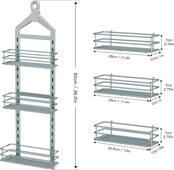 Orimade Adjustable Anti-slip Shower Caddy Overhead, Rustproof Hanging Shower Organizer With 2 Razor Hooks - No Drilling, 3-Tier Shelves, Silver Grey