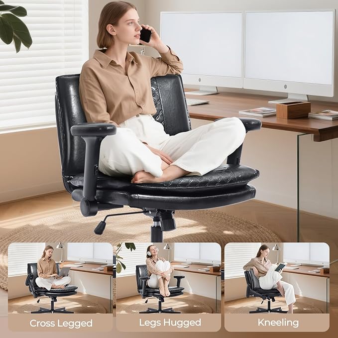 Criss Cross Chair with Flip-Up Arms and Lockable Wheels, Leather Cross Legged Office Desk Chair,Wider 125°Tilting Adjustable Swivel Computer Chair for Home, Apartment, Bedroom,Black 1