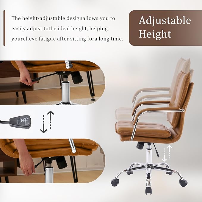 Mid-Back Ergonomic Leather Office Chair, Modern Upholstered Executive Desk Chair with Gold Frame Armrest Computer Task Chair (Camel &Silver Legs)