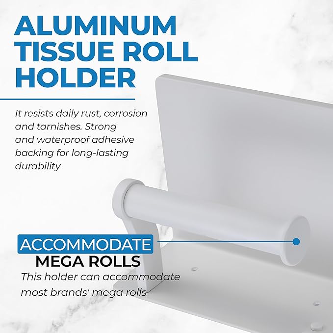 Toilet Paper Holder with Phone Shelf - Tissue Roll Holder Bathroom Storage Dispenser - Adhesive Toilet Paper Holder Wall Mount Bathroom Décor - Matte White