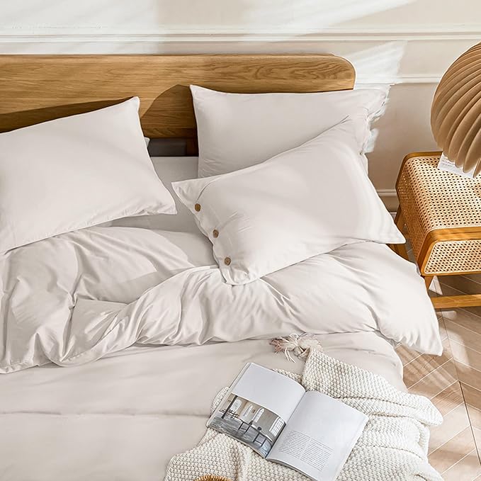JELLYMONI Cotton Duvet Cover Queen Size - Beige Comforter Cover with Button 100% Washed Cotton 3PCS Breathable Soft Solid Bedding Set Duvet Cover 90×90in & 2 Pillowcases (NO Comforter)