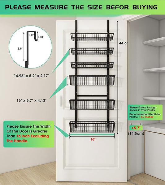 Over The Door Pantry Organizer, Pantry Organization and Storage, 6-Tier Deep Baskets Hanging Heavy-Duty Metal, Wall Spice Rack Seasoning Shelves for Home & Kitchen, Laundry Room Bathroom, Black