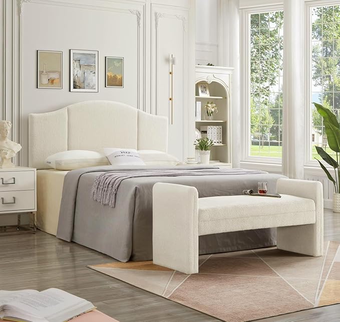 24KF Modern Upholstered Bed Bench Covered with Soft Boucle Teddy Fabric, Lovely Entryway Bench Ottoman with Armrest,5062-Cream