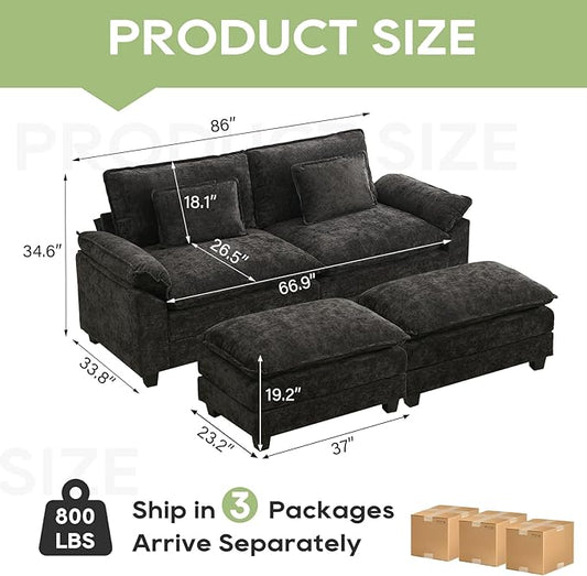86" Modular Sectional Sofa, Comfy Cloud Couch Sectional Sofa with Ottoman, Chenille Sofa Sleeper Deep Seat Sofa with Throw Pillows for Living Room (Black)