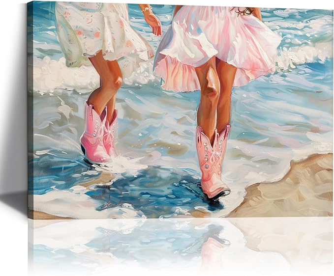 Cowgirl Boots Wall Art Pink Cowgirl Boots FramedWall Decor Retro Pink Western Aesthetic Canvas Prints Poster Trendy Preppy Girls Room Decor Picture for Living Room Bedroom Dorm Framed 16 X 24 in