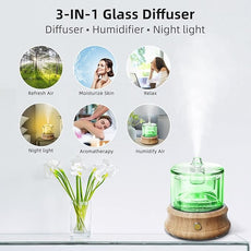 Glass Essential Oil Diffuser, 80ML Small Glass Reservoir Natural Wood Base Ultrasonic Cool Mist Aroma Diffusers with USB-Cord Auto-Off 7 Color Light for Home Office Bedroom