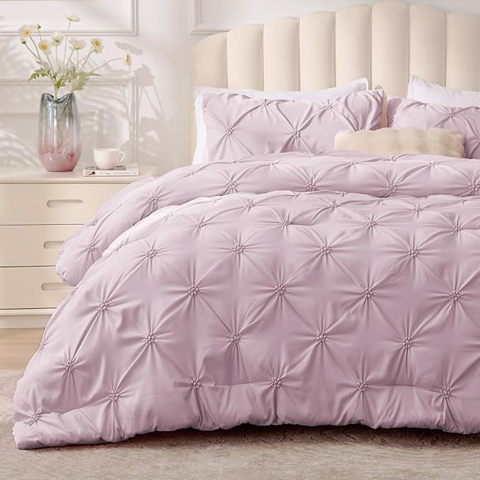 BEDELITE Light Purple Twin Comforter Set - 2 Peices Boho Pintuck Bedding Comforter Sets, Lightweight Soft & Warm Twin Bedding Sets with 1 Pillowcase for All Season