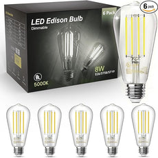 TJOY Edison Light Bulbs 60W Equivalent, Dimmable Vintage LED Light Bulbs, E26 Medium Base, 5000K Daylight, ST58, 8W, 800LM, Ultra-Bright, 80+CRI, Antique Decorative LED Filament, Clear Glass, 6 Pack