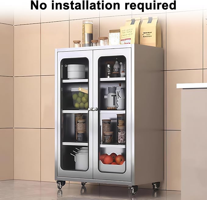 ZZV Stainless Steel Storage Cabinet, Rolling Kitchen Cabinet with Wheels, Heavy Duty Floor Cabinet for Kitchen, Garage, Restaurant, Outdoor, No Assembly Required, D15.75 x W23.62 x H41.74