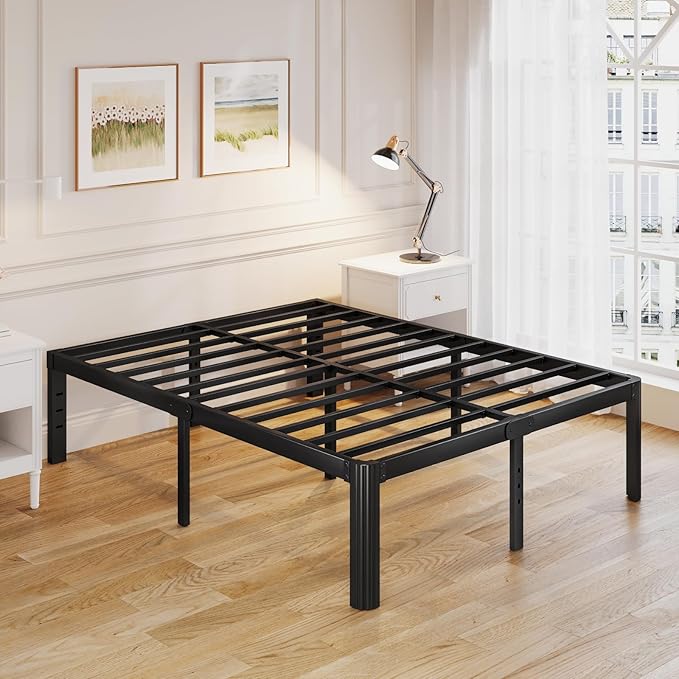 Askeld Bed Frame King, 16 Inch High Metal Platform Bed with Round Corner Leg, No Box Spring Needed, Heavy Duty Noise-Free Bed Base, Easy Assembly, Black