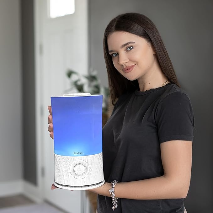 BlueHills Premium 2000 ML XL Large Essential Oil Diffuser Aromatherapy Humidifier for Large Room Home 40 Hour Run Huge Coverage Area Lights 2 Liter Extra Large Capacity Diffuser White Wood Grain E004