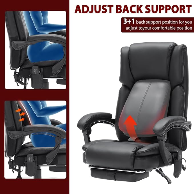 Massage Office Chair with Heat,Executive Desk Chairs with Foot Rest, Reclining Chair Big and Tall for Heavy People,4 Points Vibration 500lbs,Adjustable Lumar Support Black