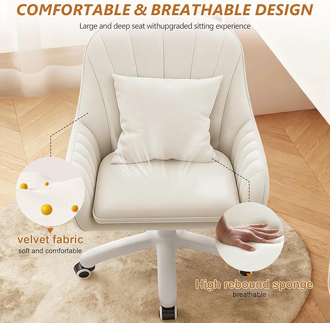 Cute Home Office Chair Velvet Upholstered Desk Chairs with Mid Back Swivel Adjustable Makeup Vanity Computer Chair with Wheels