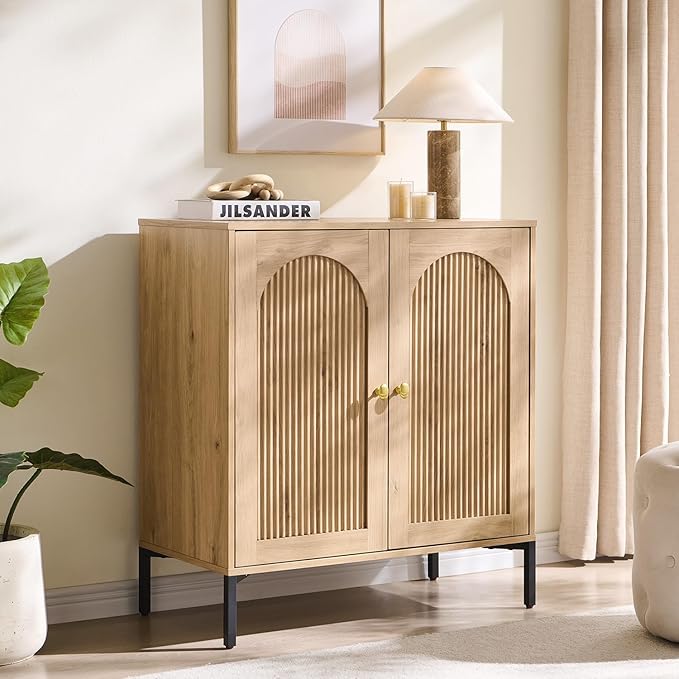 Bathroom Cabinet with Storage, 34" Tall Fluted Arched Free Standing Floor Cabinet w/Adjustable Shelves, Modern Sideboard Cabinet for Bathroom, Kitchen, Living Room, Entryway, Natural