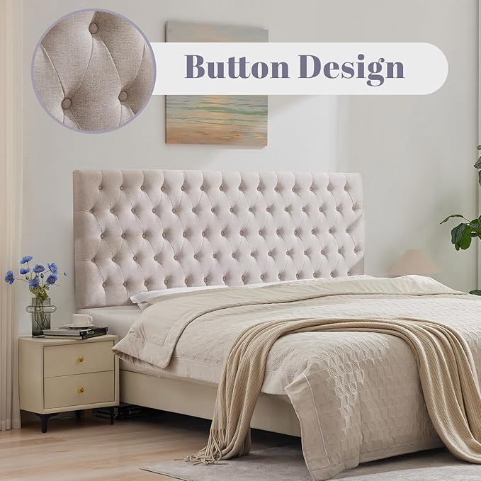 Kingfun Upholstered Queen Headboard Only, Premium Linen Button Tufted Headboards, Adjustable Solid Wood Head Board, Padded Headboard with Solid Wood Legs in Bedroom (Beige)