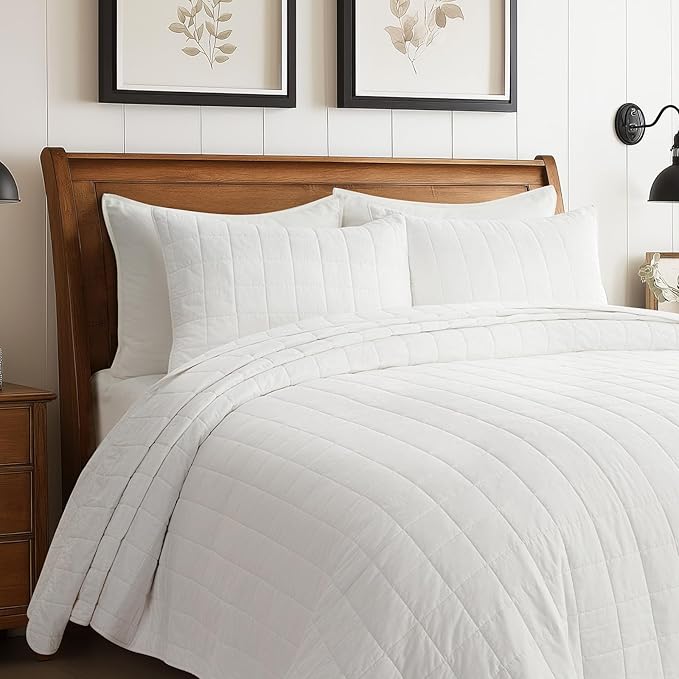 EVERGRACEHOME 100% Cotton Box Stitch Quilt Bedding Set Queen Size 3 Pieces, Garment-Washed Lightweight Soft Cozy Coverlet, Quilted Bedspread Sets with 2 Shams for All Season, Bright White