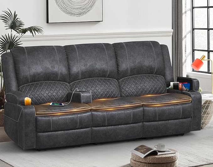 Velvet Fabric Recliner Sofa, 3 Seater Manual Reclining Sofa with 2-Tier Cushion, Reclining Couches for Living Room with Removable Console, Hidden Storage Space, Cup Holders - Grey