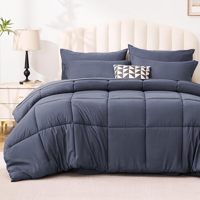 Love's cabin Queen Comforter Set Indigo Blue, 7 Pieces Queen Bed in a Bag, All Season Bedding Sets with 1 Comforter, 1 Flat Sheet, 1 Fitted Sheet, 2 Pillowcase and 2 Pillow Sham