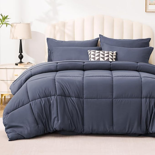 Love's cabin Queen Comforter Set Indigo Blue, 7 Pieces Queen Bed in a Bag, All Season Bedding Sets with 1 Comforter, 1 Flat Sheet, 1 Fitted Sheet, 2 Pillowcase and 2 Pillow Sham