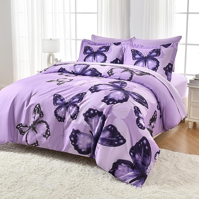ARTALL Bed in A Bag Twin Size 5 Pieces, Purple Big Butterfly Bedding Comforter Set All Season Bed Set with Comforter, Pillow Sham, Flat Sheet, Fitted Sheet, Pillowcase