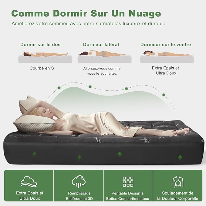 BEDLORE Queen Mattress Topper Viscose Derived from Bamboo, Thick Pillow Top Mattress Pad with Stretchable Pockets for 6-18 inches Mattress, Soft Mattress Topper for Back Pain Relief(Dark Gray)