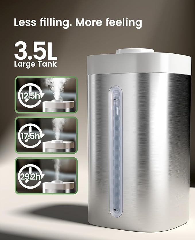 Jack & Rose Stainless Steel Humidifier, Easy to Clean, Dishwasher Safe, Cool Mist Humidifiers for Bedroom