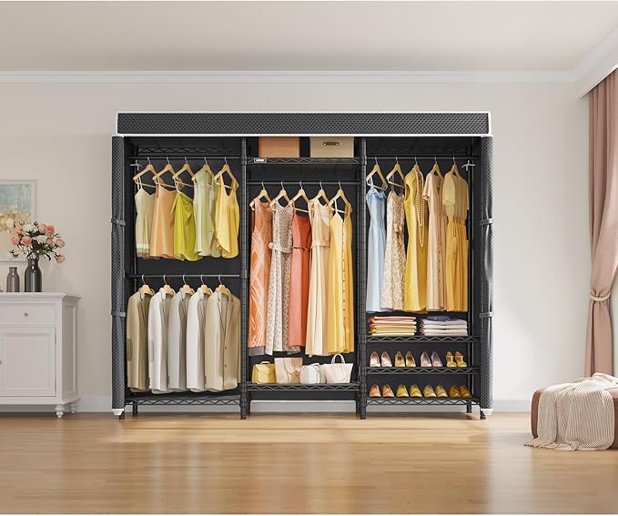 VIPEK V5C Heavy Duty Covered Clothes Rack Portable Closet Rack, Black Metal Clothing Rack with Black Upgarded Polyester Cover, Adjustable Custom Freestanding Closet Wardrobe, Max Load 800LBS
