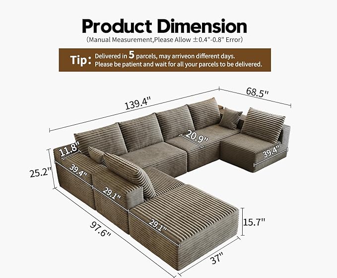 139.4" Modular Sectional Sofa, Oversized U-Shaped Minimalist Couches with 2 Middle Seats and 1 Ottoman Chaise, Modern Deep Seat Convertible Sleeper Sofa, Cloud Plush Corduroy Fabric,7 Seater, Camel