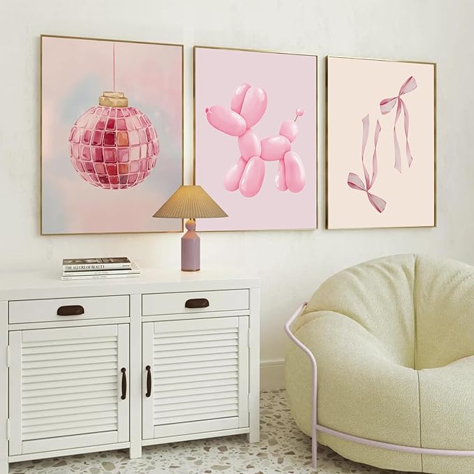 Blue and Pink Preppy Poster Set of 6 Cute Coquette Bow Boots Wall Art Aesthetic Coastal Wall Art, Trendy Girls Dorm Decor Cute Pink Bows Wall Decor for Bedroom Living Room Unframed 12x16 Inch