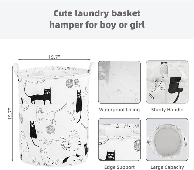 Foldable Baby Laundry Basket Hamper for Nursery Girl Boy kids Clothes laundry hamper basket Portable Tall Collapsible Cute Laundry Basket Organizer, Nursery Storage Basket with Handles (Animal Cats)