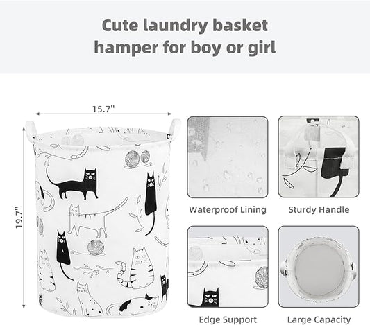 Foldable Baby Laundry Basket Hamper for Nursery Girl Boy kids Clothes laundry hamper basket Portable Tall Collapsible Cute Laundry Basket Organizer, Nursery Storage Basket with Handles (Animal Cats)