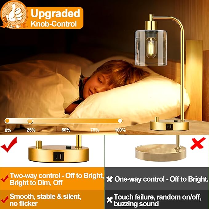 Set of 2 Industrial Table Lamps with USB Port, Gold Fully Stepless Dimmable Bedside Lamps for bedrooms, Nightstand Desk Lamp with Clear Glass Shade for Reading Living Room Office 2 LED Bulb