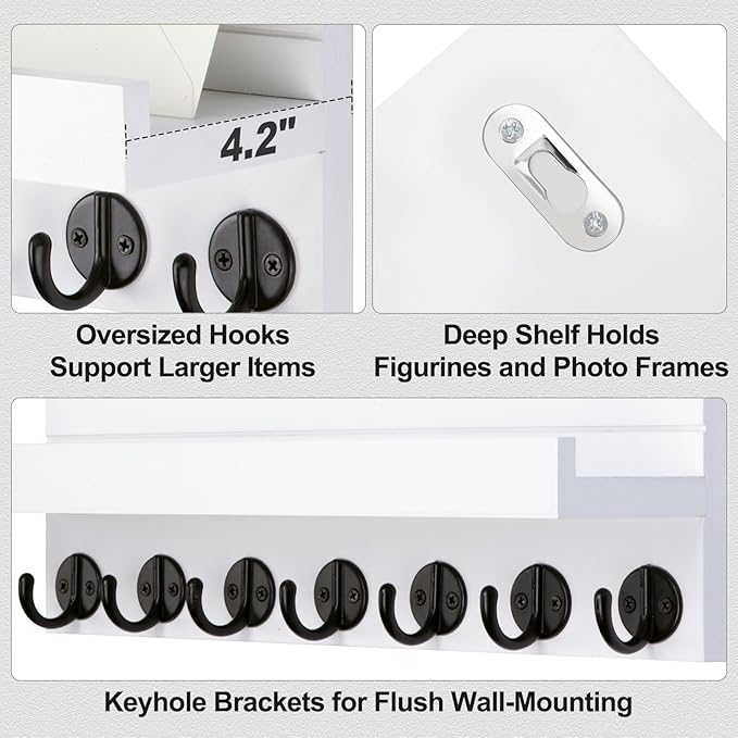 Key Holder Wall Mount, Entryway Key and Mail Holder with 7 Sturdy Hooks for Sunglasses, Dog Leash, Decorative Wall Shelf with Mounting Hardware, 15”W x 6.7”H x 4.2”D (White)