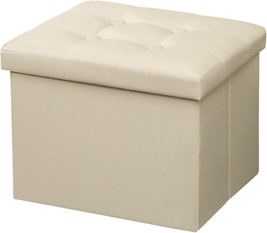 AmasSmile Storage Ottoman Folding Foot Rest Stool, Leather Footstool Bench, Short Ottoman Stool, Storage Foot Rest Store, Books (Beige, 17" D x 13" W x 13" H)