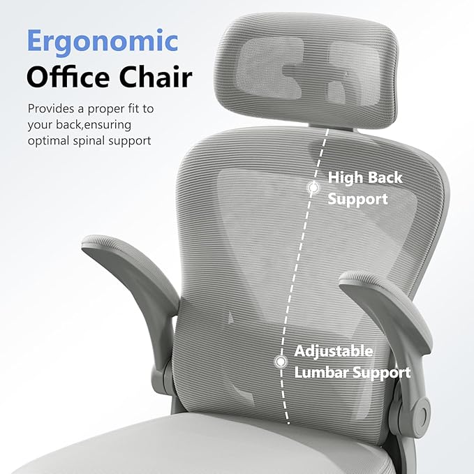 Ergonomic Office Chair M903, Computer Desk Chair with Wheels, High Back Mesh Office Chair with Adjustable Lumbar Support, Headrest, Flip-Up Armrests, All-Grey