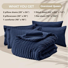 HYMOKEGE Navy Blue Oversized Queen Comforter Set Seersucker 7 Pieces, All Season Luxury Bed in a Bag for Bedroom, Bedding Set with Comforter, Sheets, Pillowcases & Shams