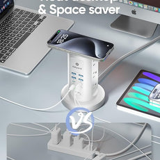 115W USB Charging Station, Surge Protector Power Strip Tower, 9 AC Outlets with 8 USB Ports(4 USB-C), 6Ft Flat Plug Retractable Extension Cord, for Home Office Dorm, White