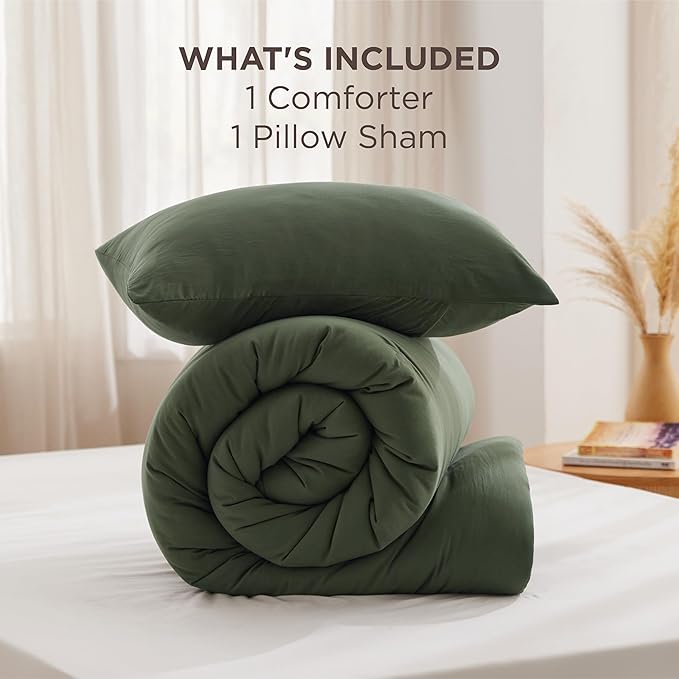 Bedsure Twin Comforter Set Olive Green, Soft Prewashed Twin Size Bedding, Quilted Comforter with Clover Design, Down Alternative Comforter for All Seasons, 2 Pieces Bed Set with 1 Pillow Sham