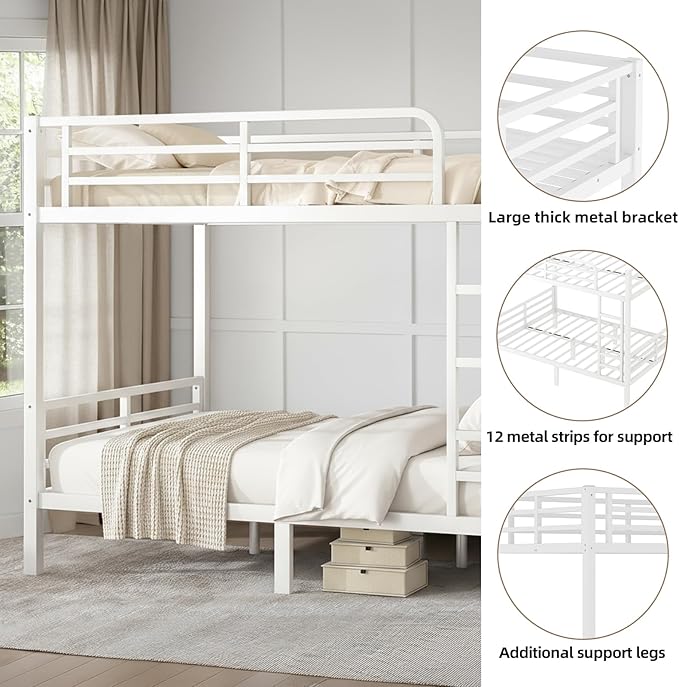 Full Over Full Bunk Bed, Metal Bunk Bed Frame Heavy Duty Bunk Beds Loft Bed Frame with Ladder and Guardrail Metal Slats No Box Spring Required for Adults Teens, White