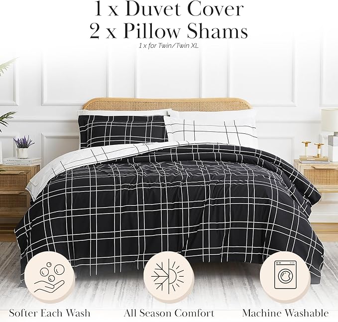 Southshore Fine Living, Inc. Oversized Reversible Checkered California King/King Duvet Cover Set – Hotel Quality, Fade-Resistant Bedding – Includes 1 Duvet Cover and 2 Pillow Shams, Urban Grid Black