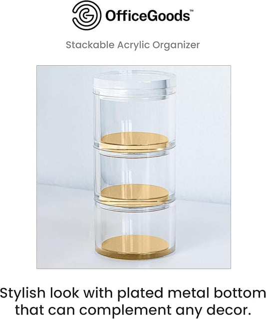 OfficeGoods 3-Tier Stackable Acrylic Holder- Stylish Desk Organizer and Storage for Office or Home – Transparent Round Design with Gold Metal Base