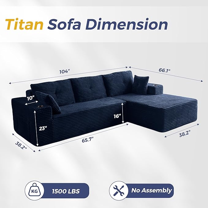 MAXYOYO 104" Modular Sectional Couch with L-Shape Chaise, Modern Boneless Couch for Living Room, Sofa in A Box, Oversized Sofa Sleeper with Deep Seat, No Assembly Required, Navy