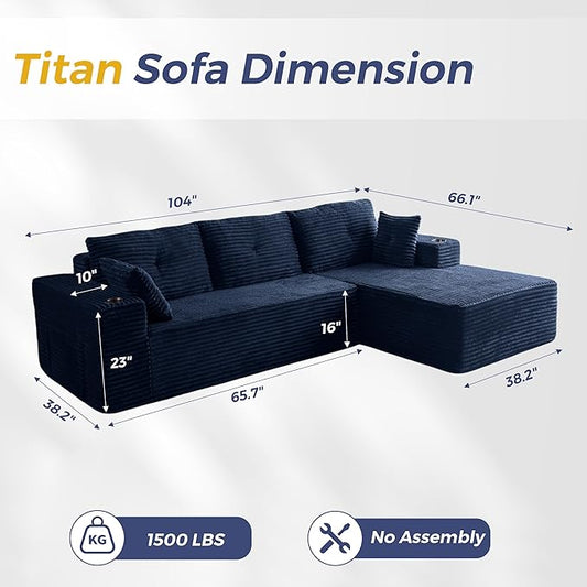 MAXYOYO 104" Modular Sectional Couch with L-Shape Chaise, Modern Boneless Couch for Living Room, Sofa in A Box, Oversized Sofa Sleeper with Deep Seat, No Assembly Required, Navy
