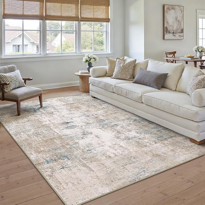 5x7 Washable Area Rug Beige Blue Abstract Living Room Bedroom Throw Rug Neutral Modern Non Slip Soft Low Pile Carpet for Kitchen Dining Room Office Entryway