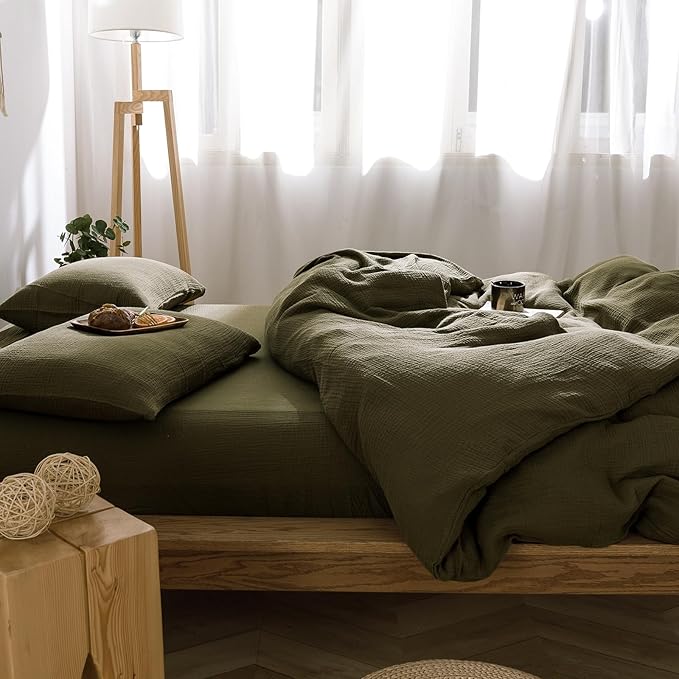 VM VOUGEMARKET 100% Cotton Muslin Duvet Cover King Size 3-Layer Guaze Textured Bedding Set,Ultra Soft Breathable Textured Linen Like Comforter Cover with Zipper&Ties-Olive Green
