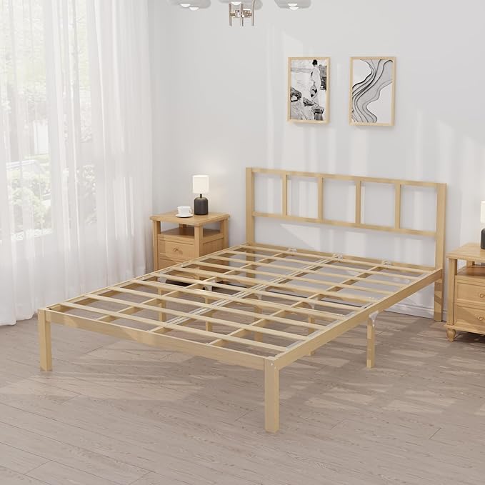 14 Inch Bamboo Bed Frame – Solid Wood Platform Bed Frame, Strong and Stable, with Non-Slip Slats for Support, No Box Spring Needed, Easy to Assemble, Noise-Free (Natural, Queen with Headboard)