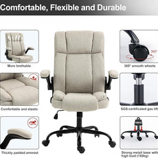 Office Chair High Back Ergonomic Executive Computer Desk Chair Comfortable Fabric Padded Home Office Desk Chairs with Flip-up Arm Rest Adjustable Height Swivel Wheels (Beige)